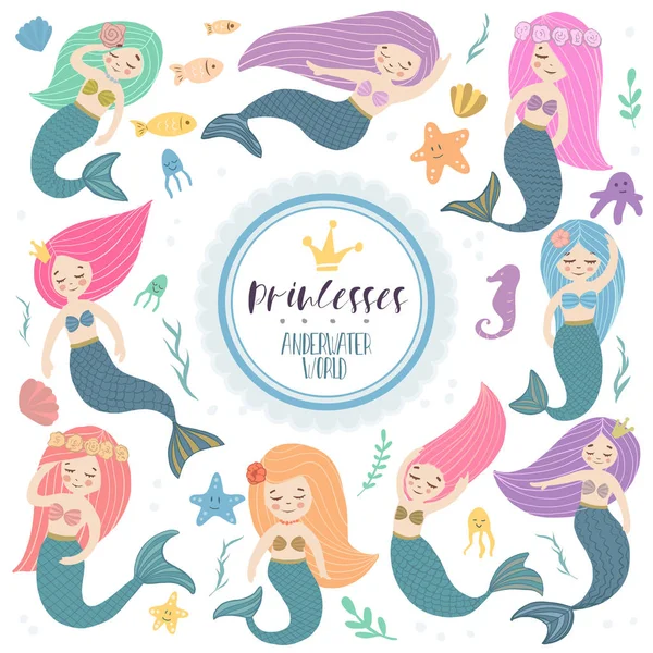 Beautiful and cute mermaids. — Stock Vector
