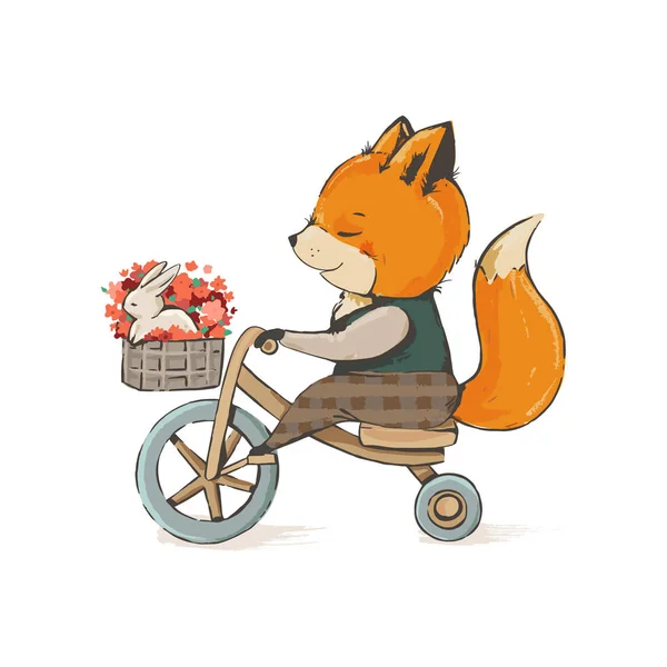 Lindo zorro en una bicicleta — Vector de stock