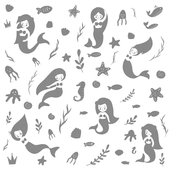 Beautiful and cute mermaids. — Stock Vector