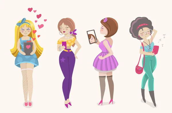 Fashion girls with phones. — Stock Vector