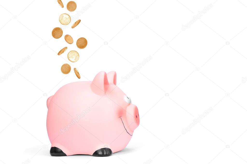 Piggy Bank money box in form of smiling pig with flying golden coins isolated on background. Concept of saving money, banging, investment. 