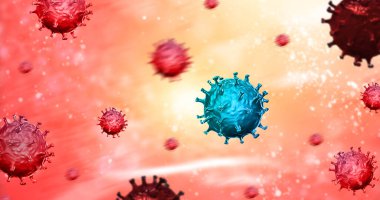 Kırmızı ve mavi bakteri hücreleri ve virüsler, arka plan üzerinde uzayda uçuyorlar. 3D görüntüleme. Bilim ve tıp sağlık hizmetleri kavramı