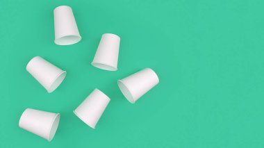 Yeşil arkaplan pankartıyla beyaz kağıt bardaklar. Ekoloji. Sıfır atık, geri dönüşüm konsepti. Şablon oluşturun. Düz görüş. Metin için boşluk