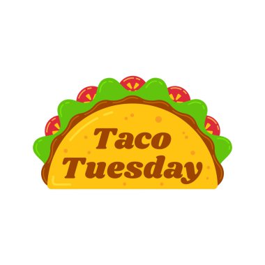 Geleneksel taco Salı yemek vektör çizim. Sığır eti veya tavuk, et sosu, yeşil salata ve büyük işareti Taco Salı günü için restoran ya da kafe etkinlik tasarımı ile kırmızı domates baharatlı lezzetli tacos.
