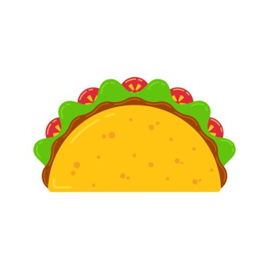 Meksika mutfağı lokanta lezzetli tacos çizim. Vektör düz illüstrasyon geleneksel taco yemek et sosu, sığır eti veya tavuk, domates ve Cafe menü için beyaz arka plan üzerinde izole salata ile.