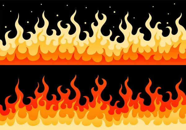 火災炎図の平面ベクトル壁 付きの つの様式化された漫画枠スパーク 火炎を発射および可燃性の安全のための赤 オレンジの色の異なる配色でグロー — ストックベクタ