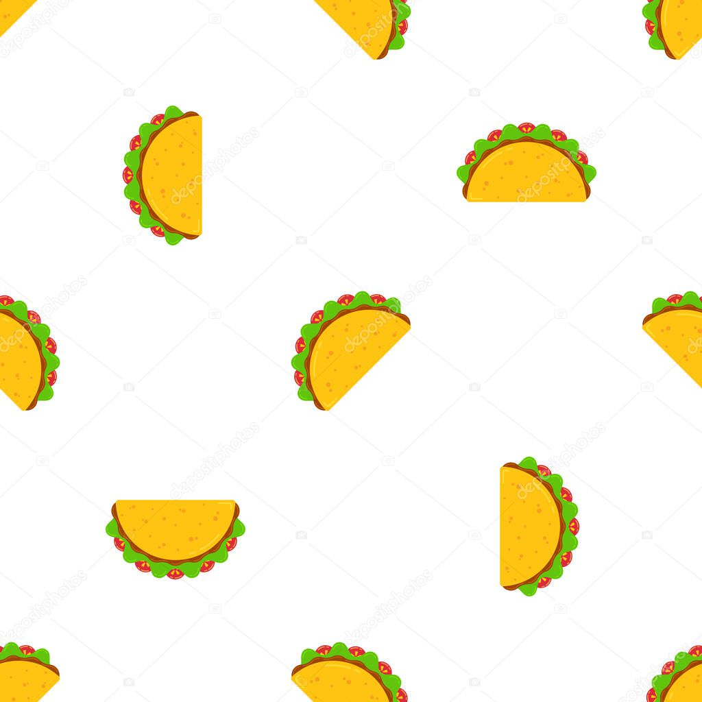 Mexican taco tuesday festival seamless pattern. Delicious fastfood yellow tacos with beef and chicken, green salad and red tomato on white background for cafe party, restaurant season offer design