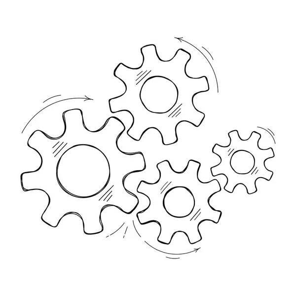机械齿轮矢量草图插图 团队理念工厂机制与手工绘制齿轮 代表着人类的合作 技术符号或现代背景的齿轮图形 — 图库矢量图片