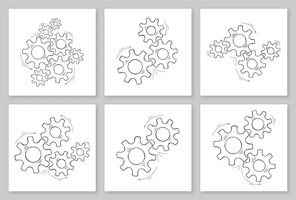 Mechanical Gears Collection Hand Drawn Vector Illustration Set Cooperation Concept — Stock Vector