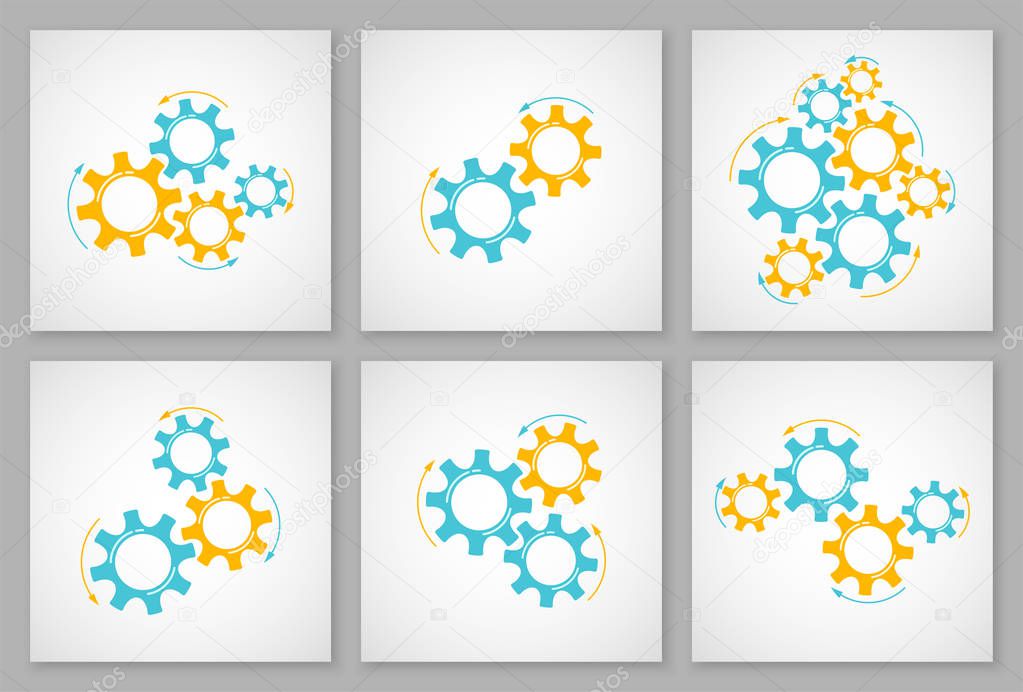Mechanical cogwheel collection vector illustration. Set of development concept design element, mechanism construction with cog and gear in orange and yellow colors signify innovation teamwork.