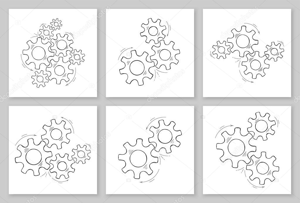 Mechanical gears collection hand drawn vector illustration. Set of cooperation concept design, engine system with sketched cog and gear signify human progress. Cogwheel doodle graphic for web element