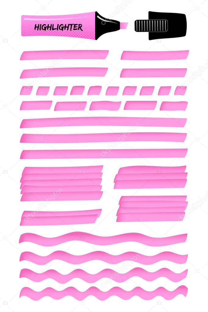 Highlighter permanent pen hand drawn objects set. Pink hand drawings with solid lines, wavy strokes, dotted stripes, and highlight marker sketchy rectangles. Vector illustration for reminder note.