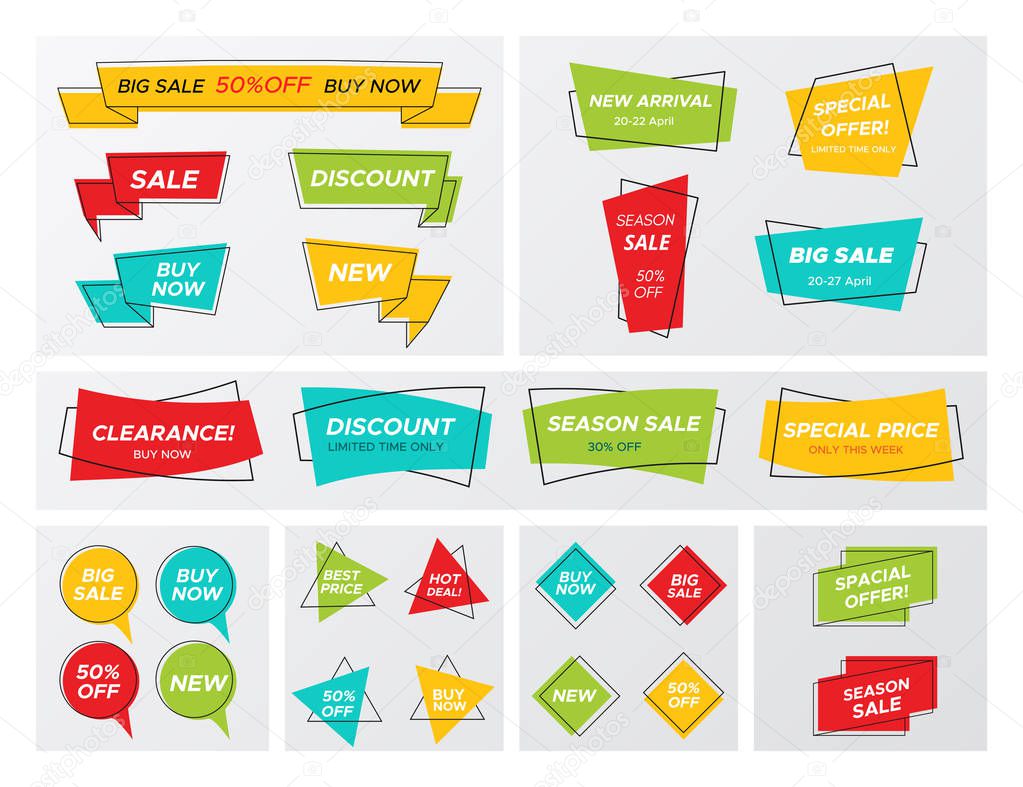 Set of flat geometric sale banner in trendy concept. New hipster graphic different shape promo sticker with shop offer title and vivid colors. Vector illustration with sale tags for store special deal