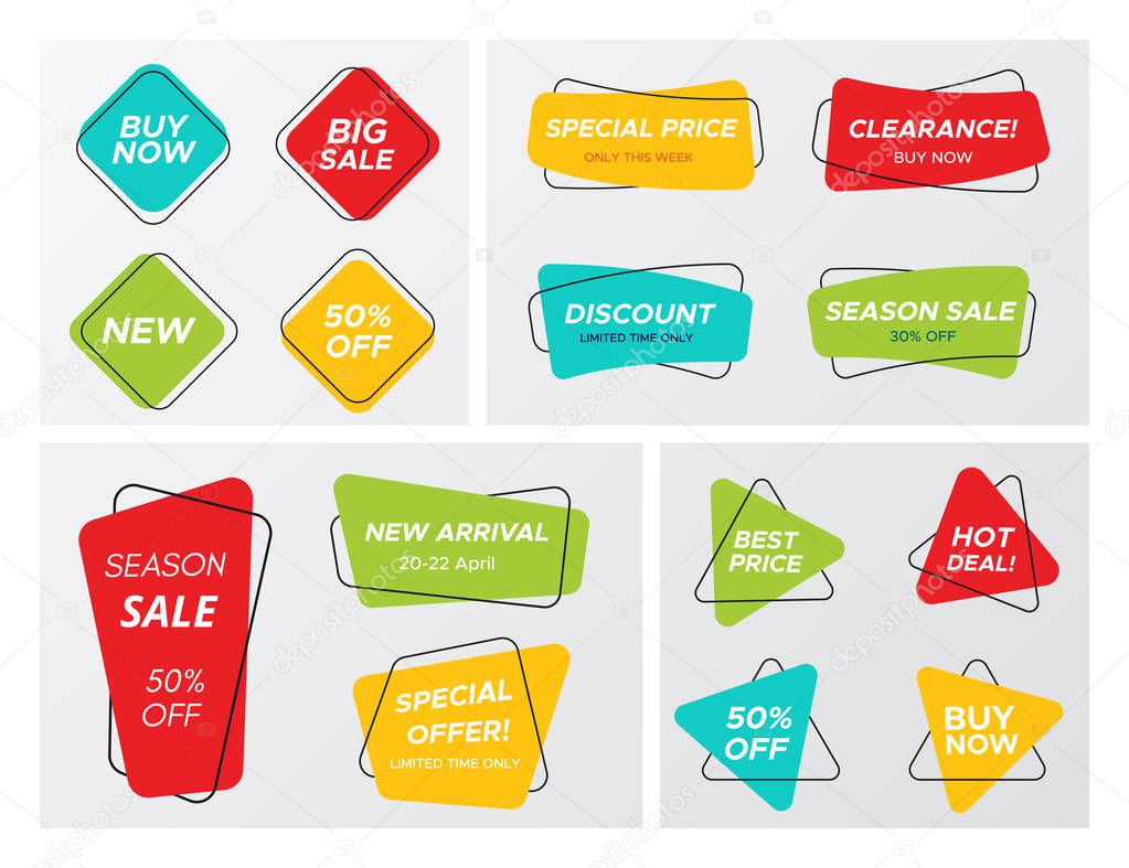 Set of flat geometric sale banner in trendy concept. Bright colors shop clearance label in futuristic shapes with round corners . Vector illustration with sale tags for store discounts or best offers.