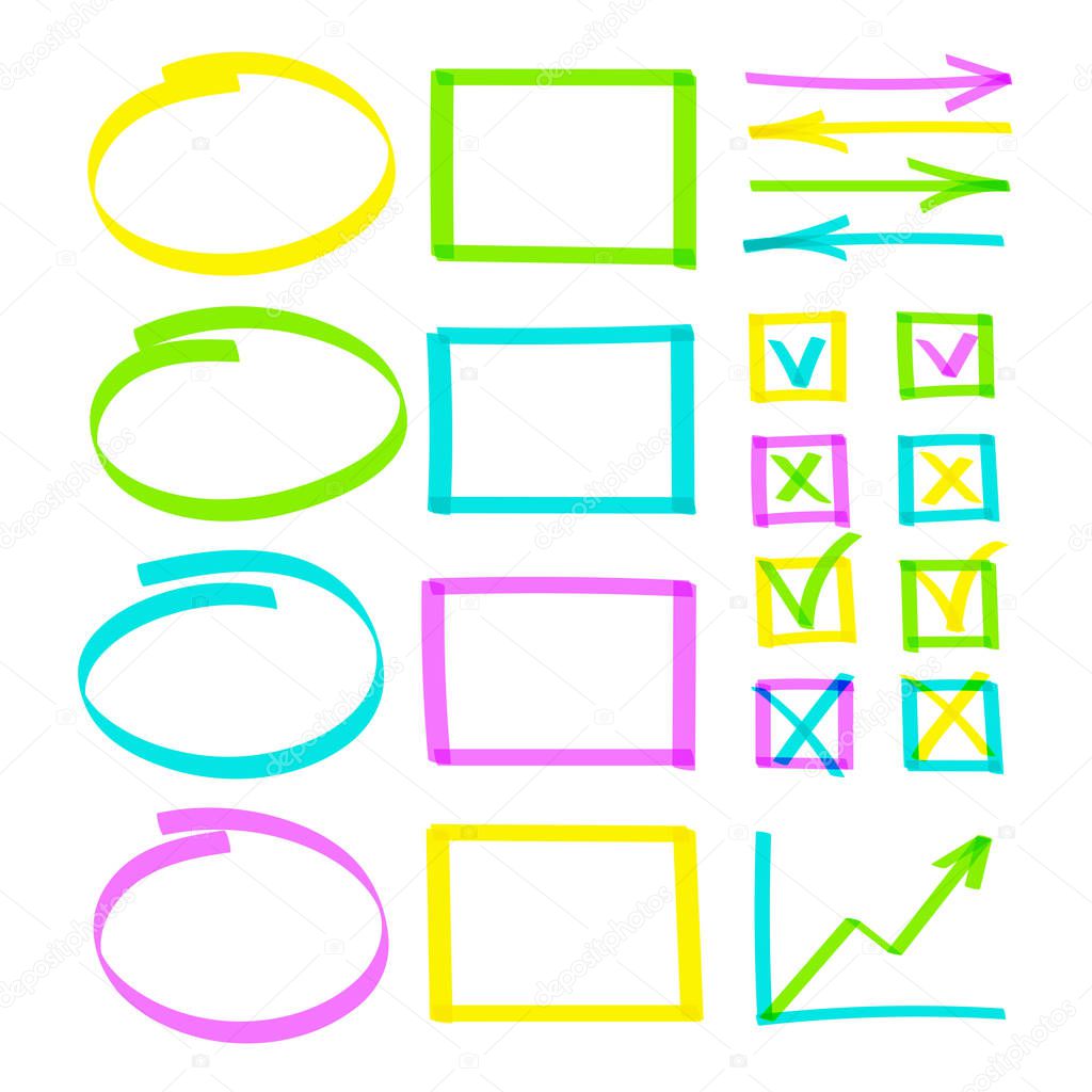 Set of highlighter pen hand drawn elements. Realistic colorful highlight lines circle, oval and square, arrows, graph and check boxes with tick or cross vector hand drawings. Business illustration.
