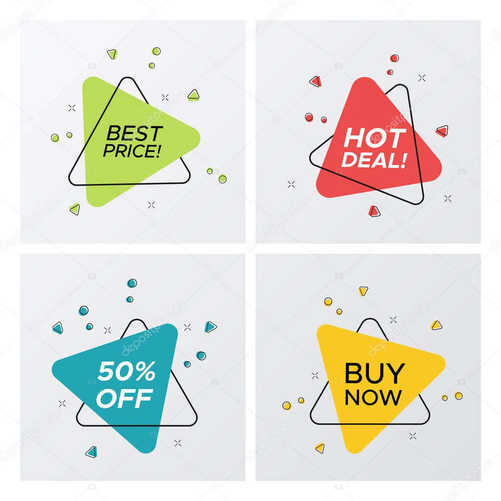 Set of flat abstract sale banner in modern style. New graphic triangle shape promo sticker with shop offer title and particle blast. Vector illustration with sale tags for online business.