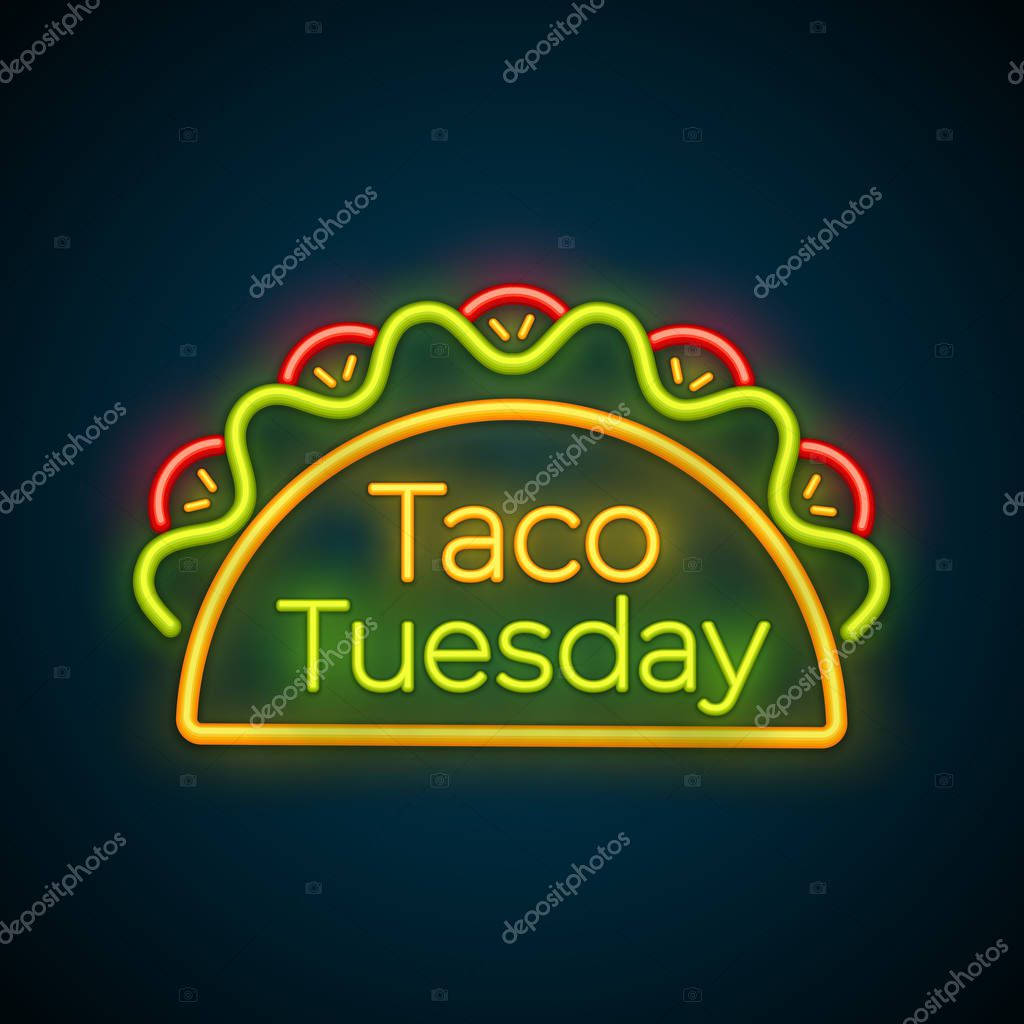 Traditional taco tuesday neon light sign vector illustration. Spicy tacos with beef, green salad and red tomato with big glowing label Taco Tuesday for restaurant or cafe night event advertising