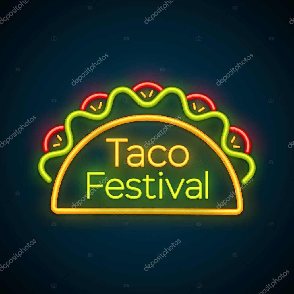 Mexican tacos food bar neon light label isolated illustration. Delicious vector glowing light taco with beef meat, green salad and red tomato with sign Taco Festival for cafe neon label event logo