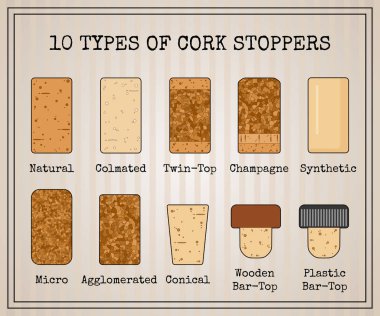 Vector set with 10 types of cork stoppers. Isolated cork with black contour and title for each kind on retro style background. Vintage illustration for vineyard presentation or promo material. clipart