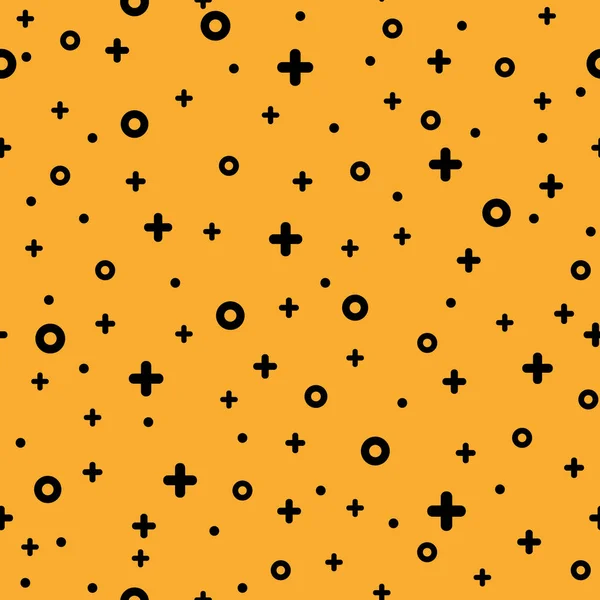 スタイリッシュな 1980 年代は メンフィスのシームレスなパターンを抽象化します オレンジ色の背景に黒のファンキーな図形にトレンディなテクスチャです モダンなグラフィックや招待状テンプレートのメンフィス ポップなアート スタイルのベクトル図 — ストックベクタ