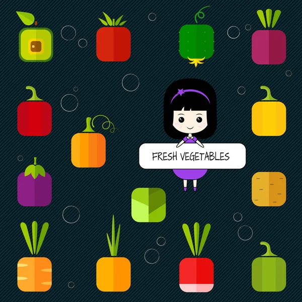 Flat Design Isolated Square Vegetable Icon Set Cute Cartoon Chibi — Stock Vector