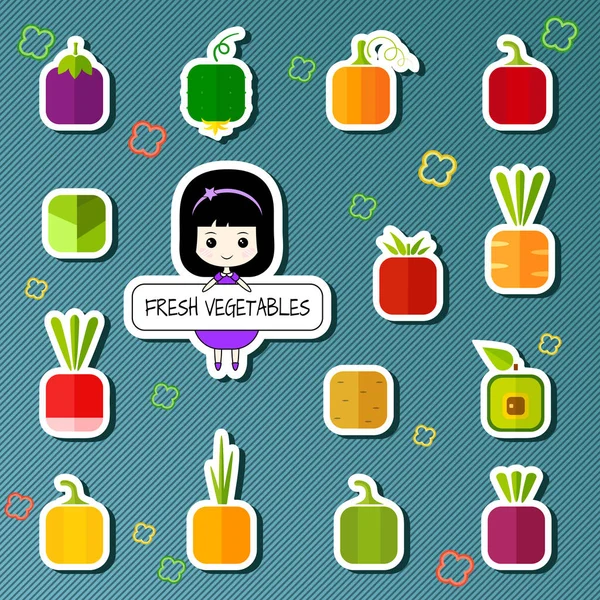 Cute Design Patches Square Vegetable Icon Set Vector Illustration Funny — Stock Vector