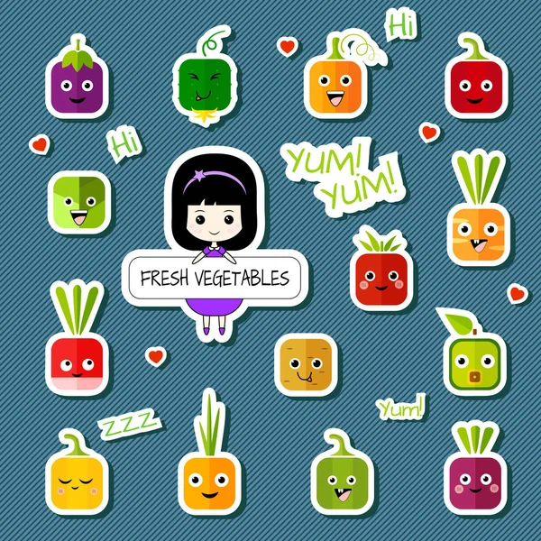 Cute Design Square Vegetable Character Set Happy Chibi Girl Sign — Stock Vector