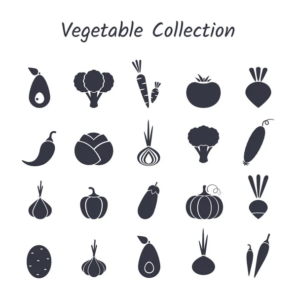 Black Silhouette Isolated Vegetable Icon Set White Backdrop Vector Illustration — Stock Vector