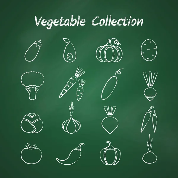 Grunge Outline Vegetable Icon Set Isolated Green Chalkboard Vector Illustration — Stock Vector