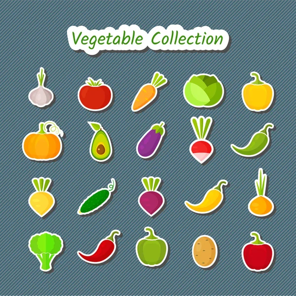 キュートなデザインのパッチ野菜アイコンを設定します 玉ねぎ キャベツ ピーマン 子供健康的な食事栄養バナーの新鮮な色で他の野菜のステッカー シンボル ベクトル図 — ストックベクタ