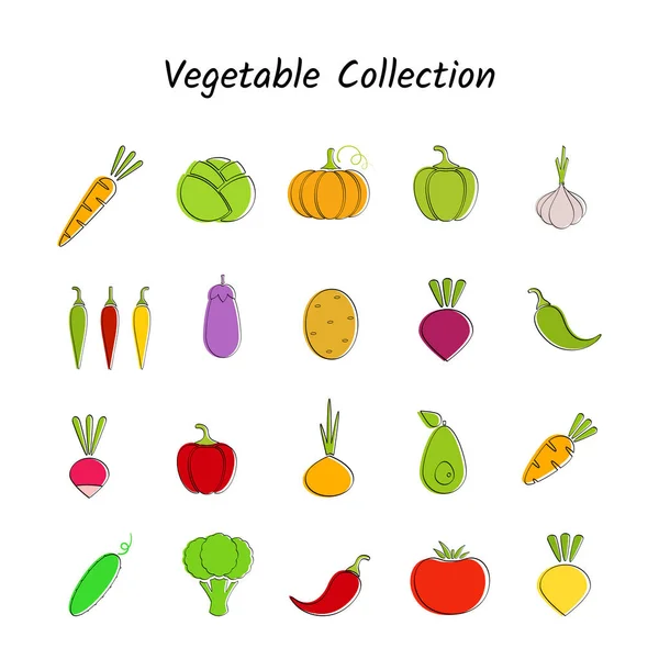 スタイリッシュなデザインの野菜アイコンが白の背景上の黒い輪郭で設定 ベクターのイラストを使用した健康的な食事栄養バナーや有機市場ロゴの緑 黄色の新鮮野菜セット — ストックベクタ