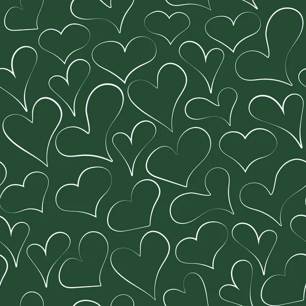 黒板のシームレスなパターンのスケッチの概要心 多くの緑のボードに描かれた漫画チョーク ハートを手します 布のテクスチャ 愛のポスター 結婚式のカードや Web の背景ベクトル線図 — ストックベクタ