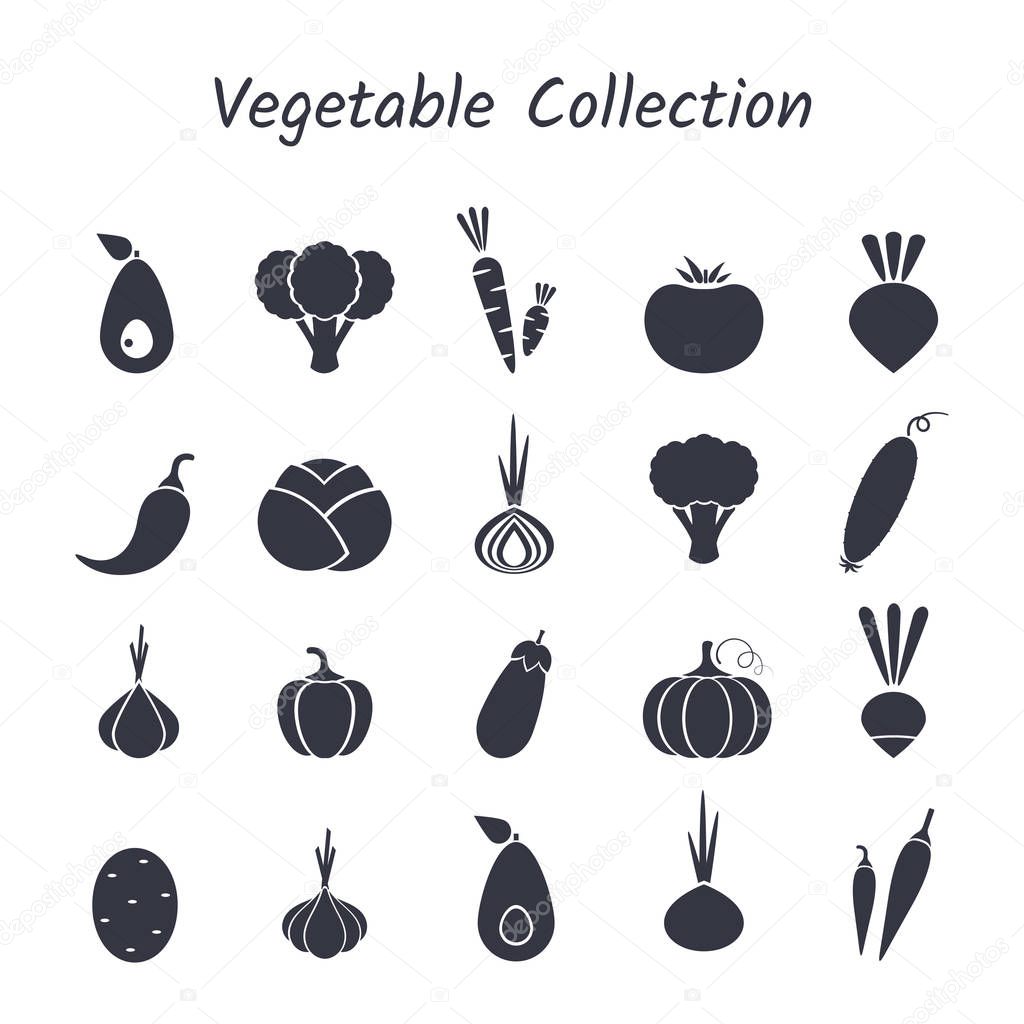 Black silhouette isolated vegetable icon set on white backdrop. Vector illustration with symbol of onion, eggplant, cabbage, pepper and other vegetables for healthy food vegeterian restaurant design.