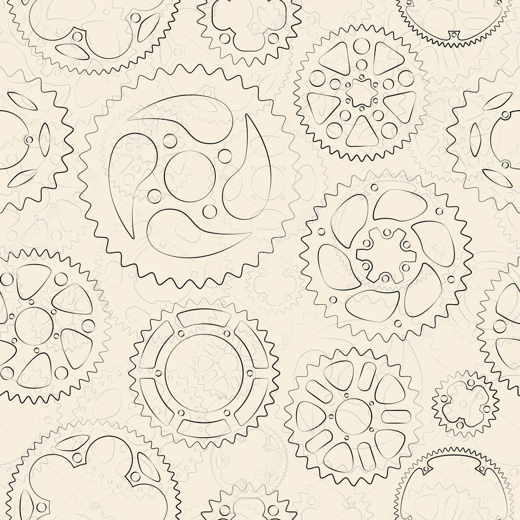 Vintage seamless pattern with black outlined gears and cogs on bright cream background. Retro vector illustration for banner, card or web decorations.