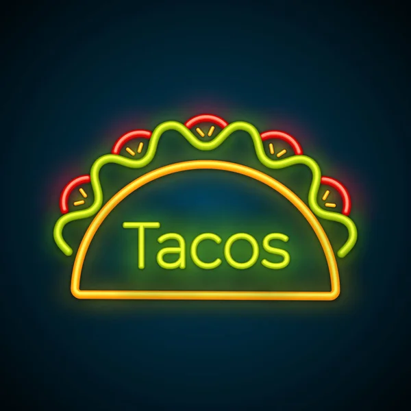 Taco tradisional makan neon tanda truk ringan taco - Stok Vektor