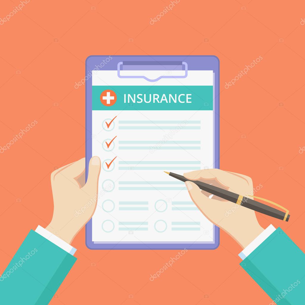 Health insurance policy on clipboard with hands