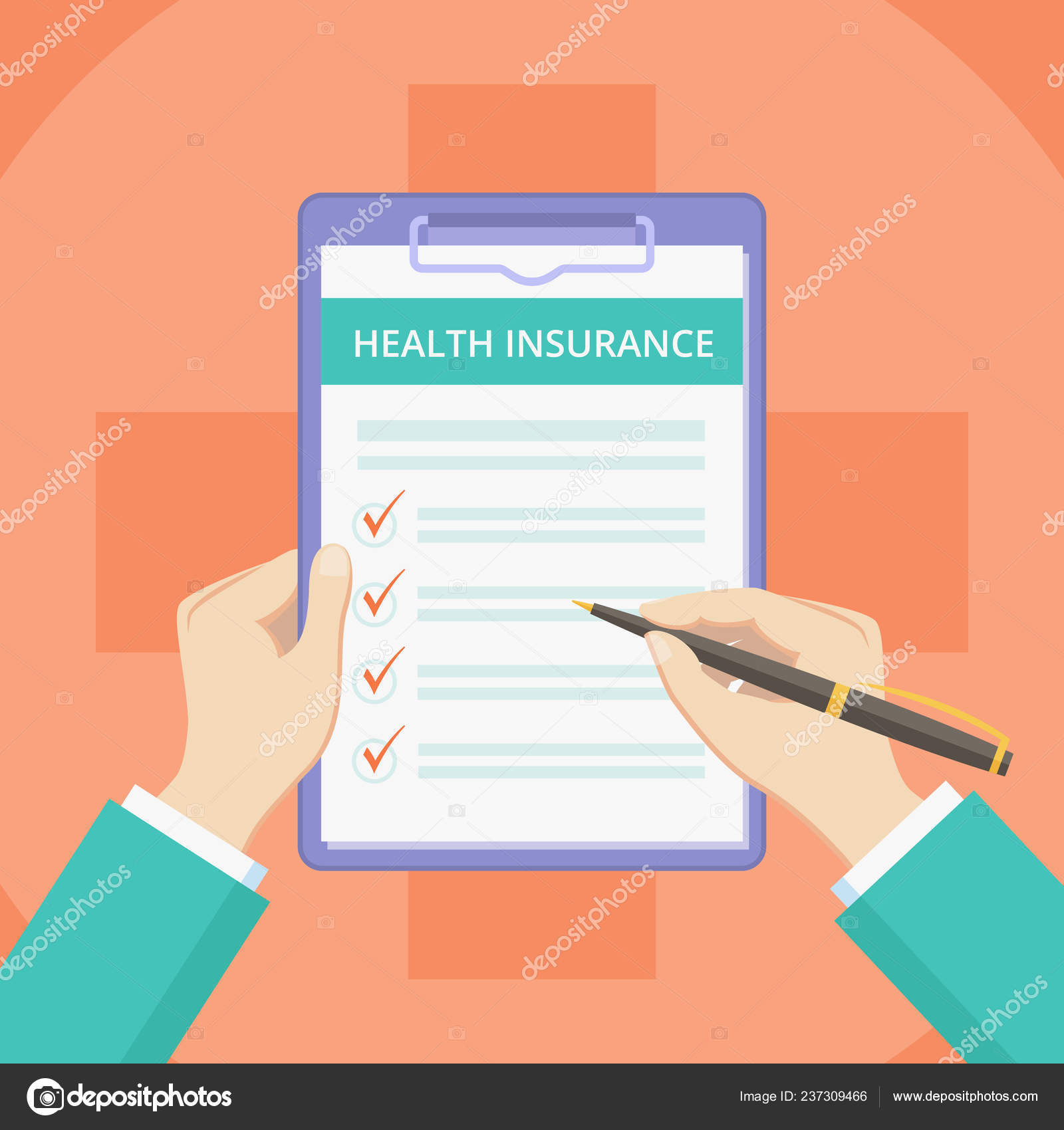 Verhoog jezelf Springen zeemijl Medical insurance policy on clipboard with hands Stock Illustration by  ©Moonnoon #237309466
