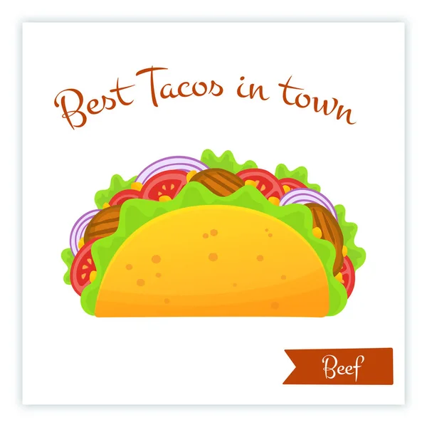 Mexická jídla rychlého občerstvení hovězí tacos potravin nápis — Stockový vektor