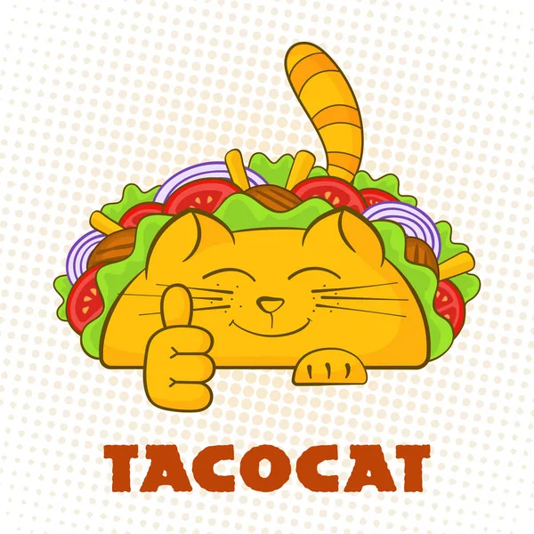 Taco kucing karakter ceria Meksiko makanan cepat saji taco - Stok Vektor