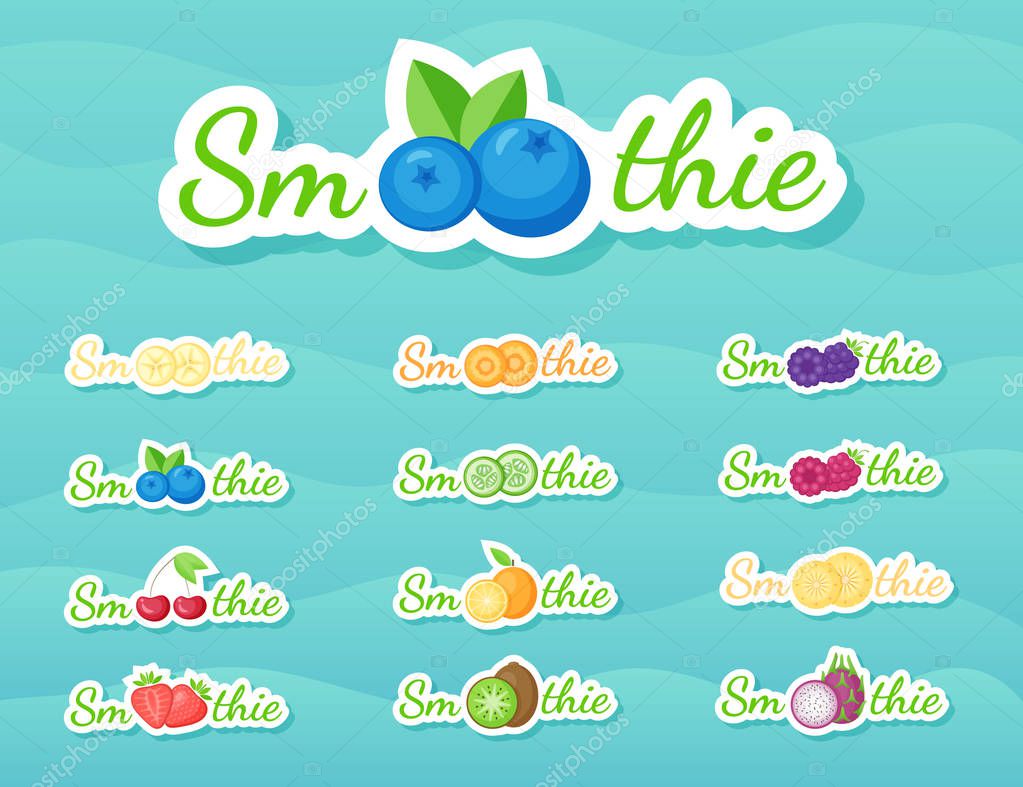 Label smoothie fruit logo set vector illustration. Tasty natural fruit with Smoothie sign at fresh smoothies cocktail round sticker for decoration emblem, sale offer label, advertising graphic poster