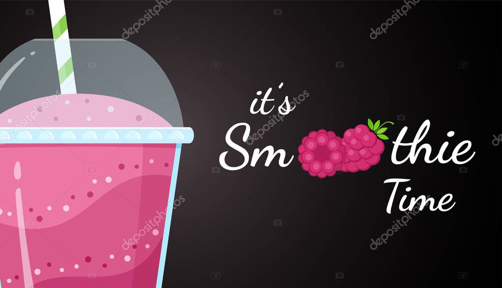 Red raspberry smoothie vitamin drink vector illustration. Berry smoothie logo on black background, glass filled with red smoothies drink for summer fast food season menu. Clipping mask applied.