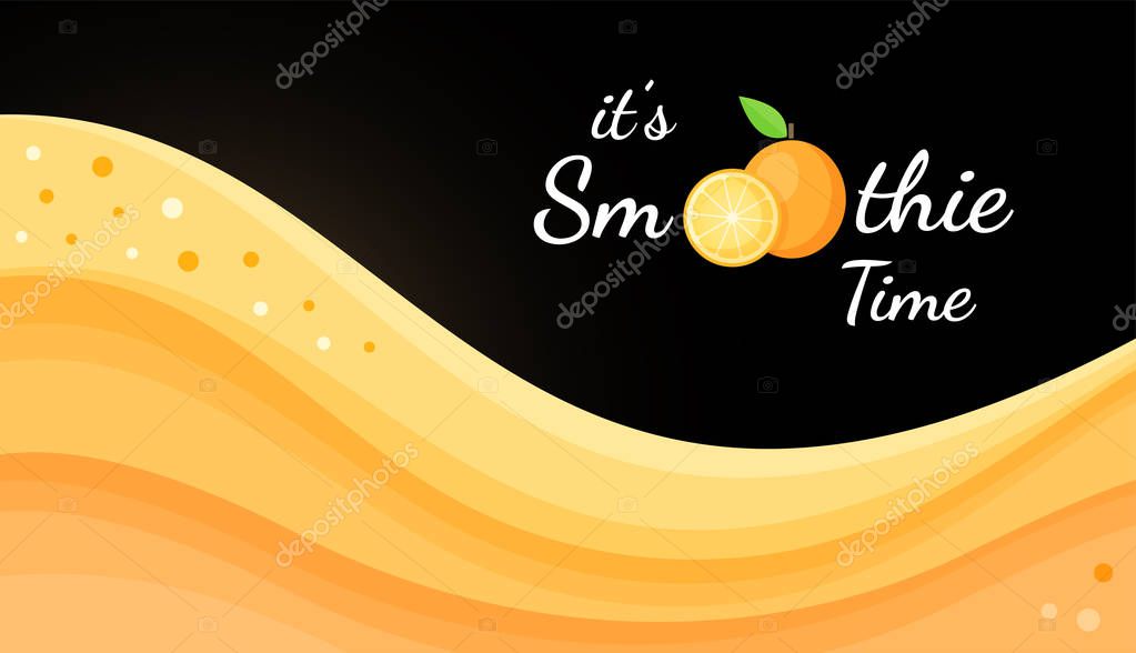 Orange smoothie logo fruit cocktail flat vector illustration. Smoothie logo on black background, wavy splash orange smoothies cocktail or ice cream portion for fitness landing page concept.
