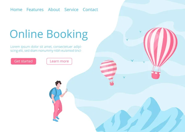 Man with mobile booking app for hot air balloons — 图库矢量图片