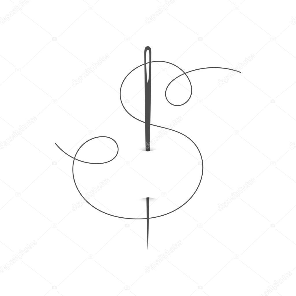 Needle and thread silhouette icon vector illustration. Tailor logo with needle symbol and curvy thread isolated on white background. Handmade craft symbol, tailor equipment, needlework skill