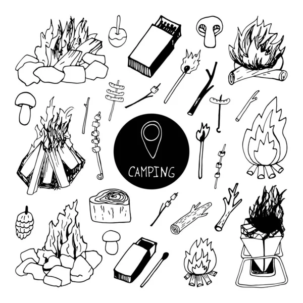 Big hand drawn vector campfire clip art set. Isolated on white background drawing for prints, poster, cute stationery, travel design. High quality illustrations — Stock Illustration Big Hand Drawn Vector Campfire Clip Art Set Isolated White Stock Illustration