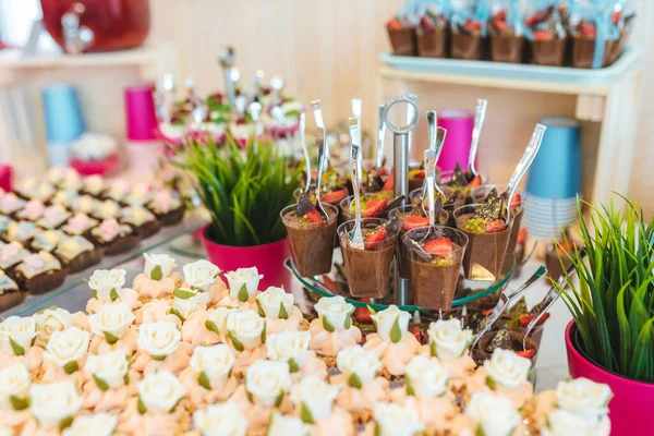 Catering service chocolate and fruit mousse