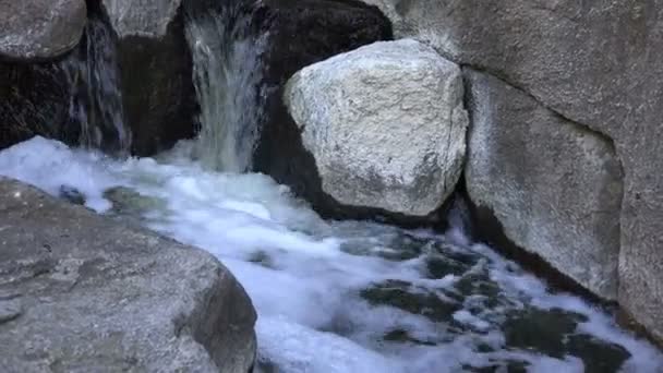 Wasser in schönem Gebirgsfluss fließt um einen großen Stein — Stockvideo