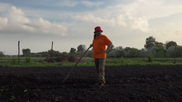 有胡子的成熟农夫用手工具锄耕种土地 在农村风景的领域背景 — 图库视频影像