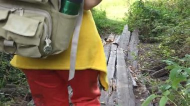 Sırt çantası ile Olgun kadın yaz orman çerçevede bir dere üzerinde eski bir ahşap köprü çalışır