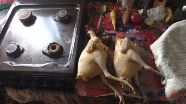 两只被拔掉的鸡准备在炉子上的烤箱里煮 — 图库视频影像